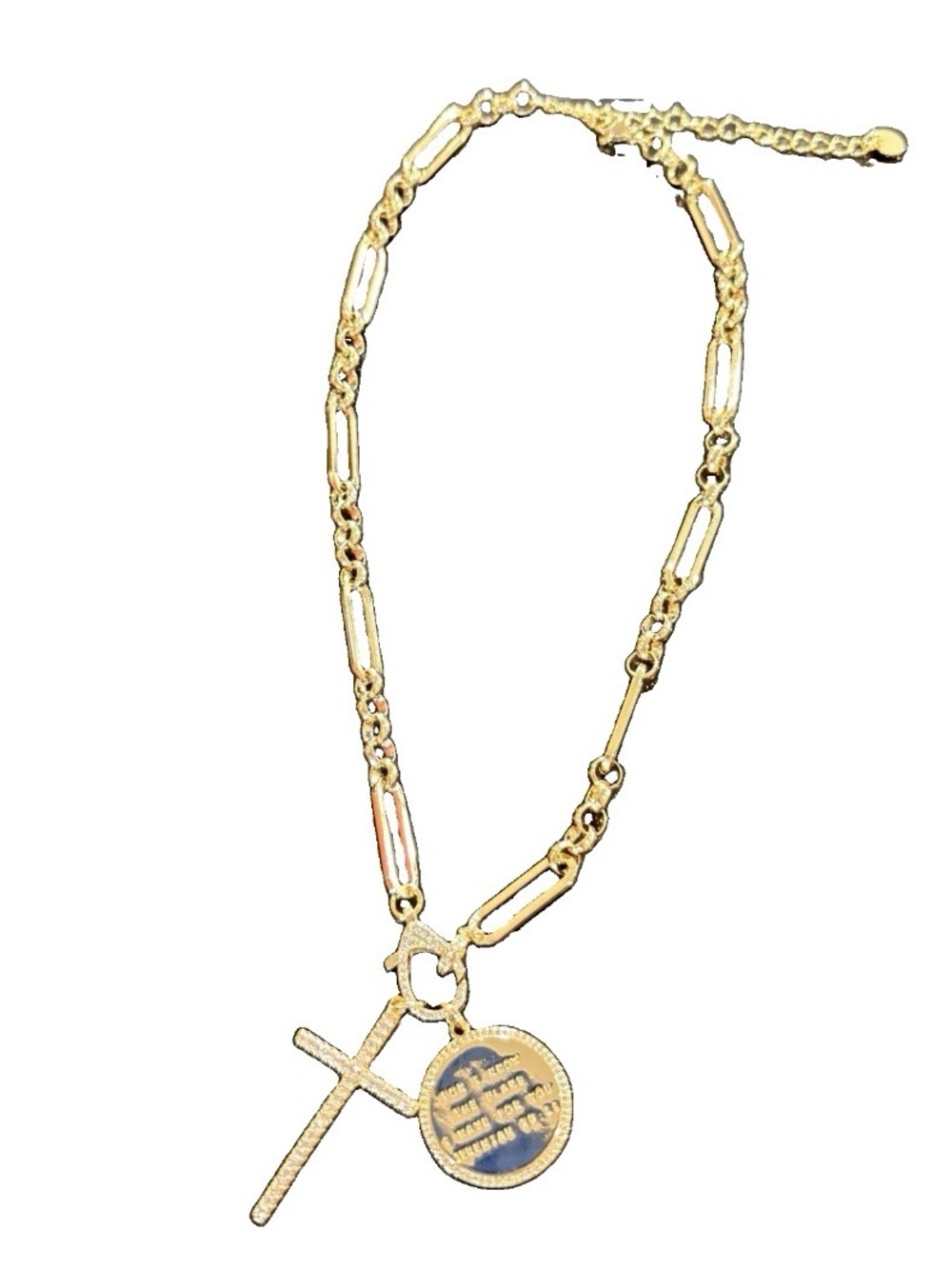 Gold Cross and Coin Charm Necklace with Jeremiah 29:11 engraved - Women Jewelry